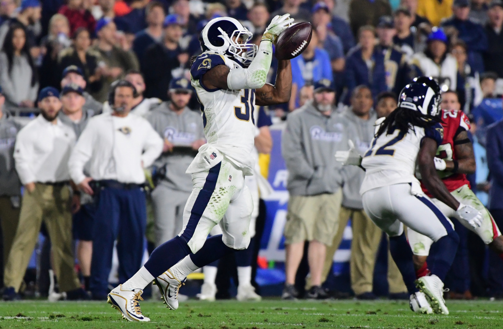Wild Card Round - Atlanta Falcons v Los Angeles Rams LOS ANGELES, CA - JANUARY 06: Running back Todd Gurley #30 of the Los Angeles Rams drops a pass during the fourth quarter of the NFC Wild Card Playoff game against the Atlanta Falcons at Los Angeles Coliseum on January 6, 2018 in Los Angeles, California. (Photo by Harry How/Getty Images)
