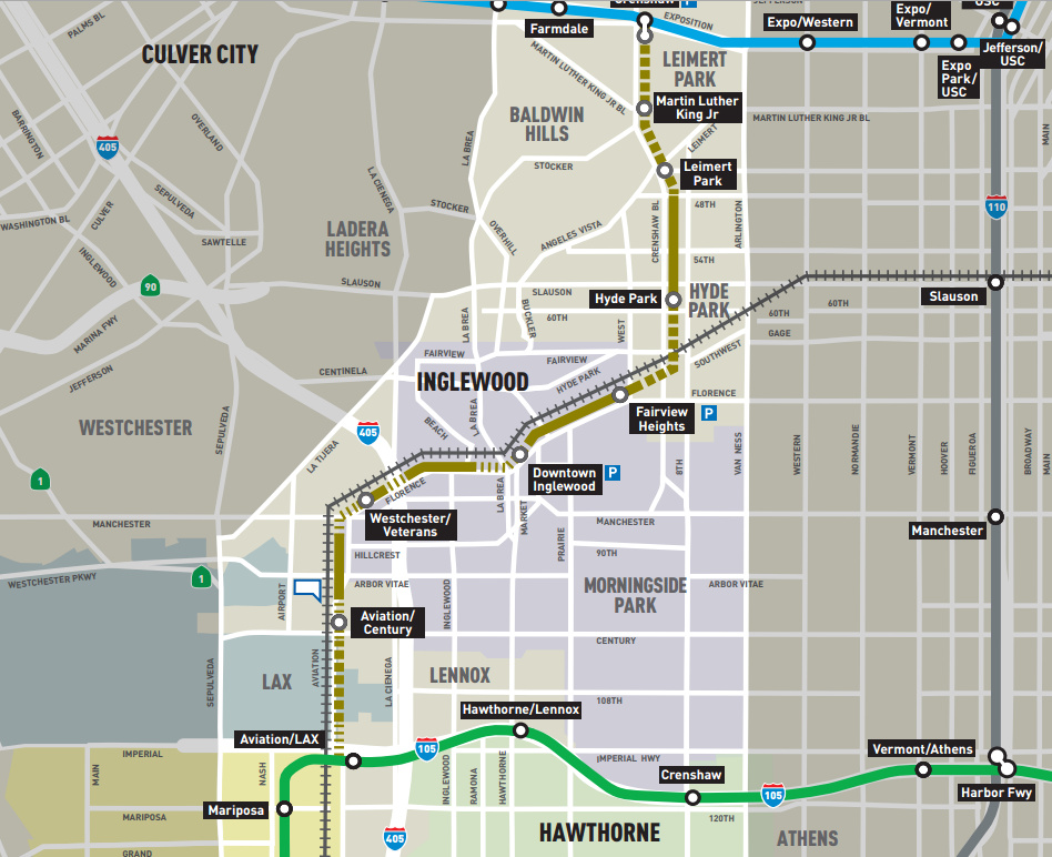 Crenshaw Line map The route of the Crenshaw Line, which will open in 2019 and connect to LAX.