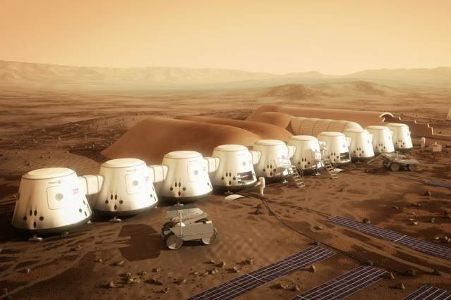Mars One colony The non-profit company Mars One plans to establish the first human settlement on Mars by 2025. Pictured is an artist's rendering of a series of habitats. Solar panels (in the foreground), would supply the colony's electricity, while a system to extract water from the soil (in the background) would supply drinking water.