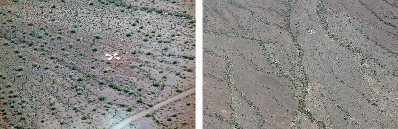 composite_arizona-3_custom-0bcbe6689435af58e61b546360aebbdde5ccc887-s800-c85.jpg Each X is 60 feet across and consists of four 25-foot slabs of concrete, with a brass plate at the center. Chuck Penson captured these images while flying with Pez Owen in her plane.