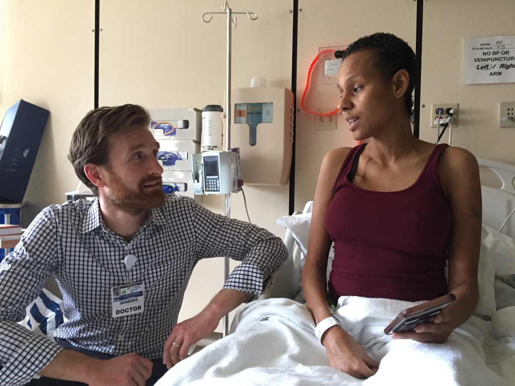 Talking to doc Tenesha Depaz, 40, talks to her palliative care doctor, Collin Scibetta.