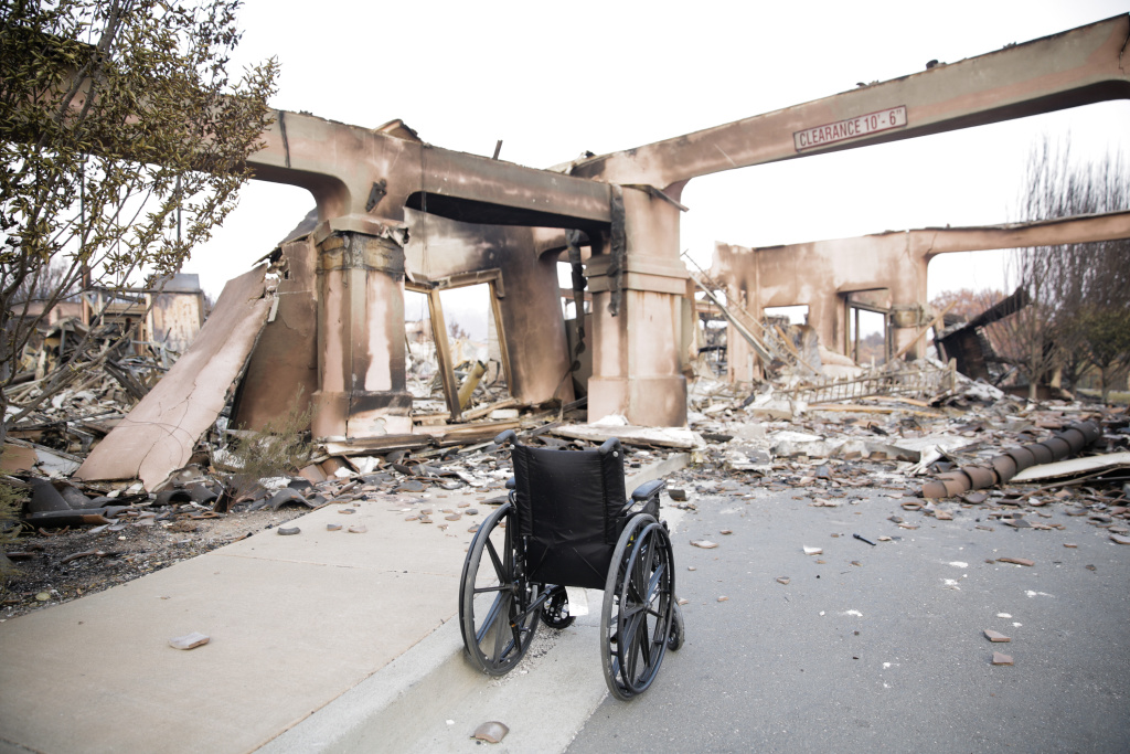 Multiple Wildfires Continue To Ravage California Wine Country An empty wheelchair is seen in the remains of the Verenna housing development in the Fountaingrove neighborhood of Santa Rosa, California on October 13, 2017.