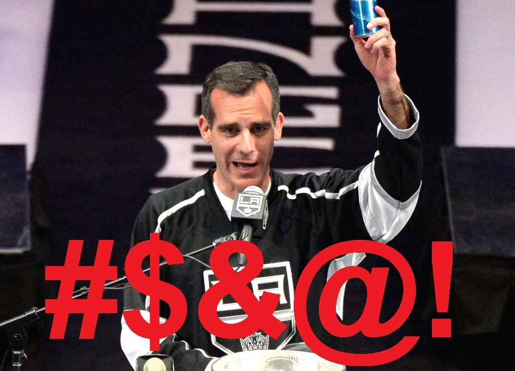Raising a beer to toast the team, LA Mayor Eric Garcetti used the F-bomb at the LA Kings victory rally Raising a beer to toast the team, LA Mayor Eric Garcetti used the F-bomb at the LA Kings victory rally