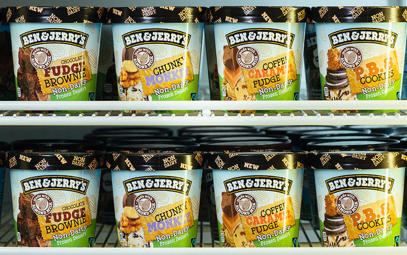 bnj0033-non-dairy_freezer-6354_og_custom-6ff897b489bea2c8a1109fa498df648f3ac474b7-s800-c85.jpg Today, Ben & Jerry's has seven flavors of almond-milk-based vegan frozen desserts.