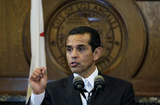 Los Angeles Mayor Antonio Villaraigosa announces the elimination of two small City Departments on Friday, Feb. 19, 2010, in Los Angeles.