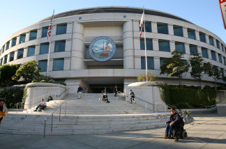People walk out of the State of California building January 29, 2009 in San Francisco, California.