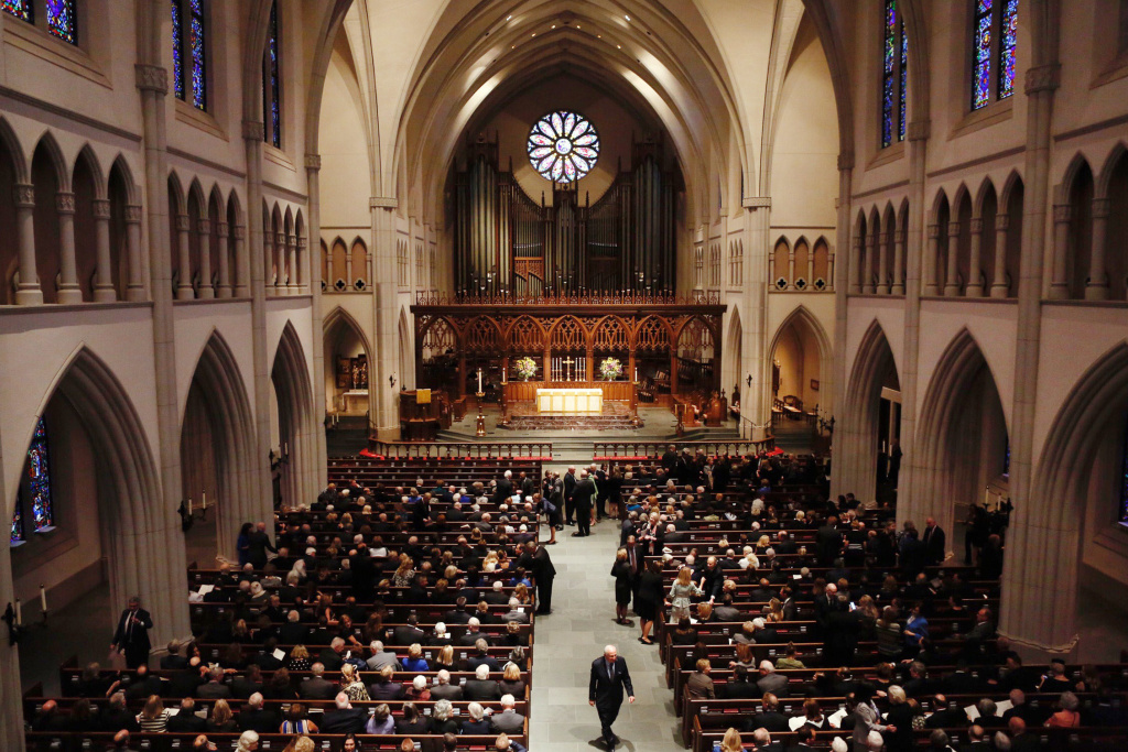 Mourners, Including Former Presidents, Attend Funeral For Barbara Bush Attendees arrive at St. Martin's Episcopal Church for a funeral service for former first lady Barbara Bush on April 21, 2018 in Houston, Texas.