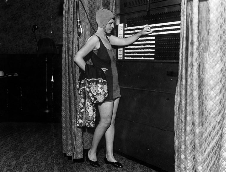 swimmer votes 1930 Mrs.Lucile Wheat votes in the LA area before or after swimming on August 26, 1930.