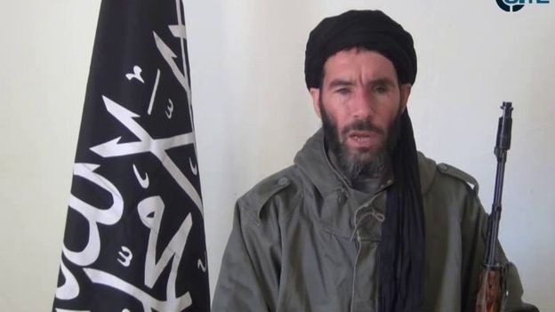 This image from video provided by the SITE Intel Group made available Thursday Jan. 17, 2013, purports to show militant militia leader Moktar Belmoktar. Algerian officials scrambled Thursday for a way to end an armed standoff.