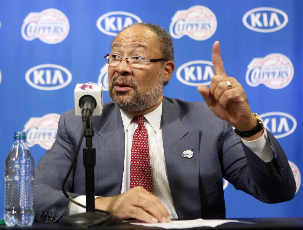 Dick Parsons, the former Citigroup chairman and former Time Warner chairman and CEO, who was named interim CEO of the Los Angeles Clippers by the NBA league, takes questions during a news conference at the Staples Center in Los Angeles Monday, May 12, 2014. (AP Photo)