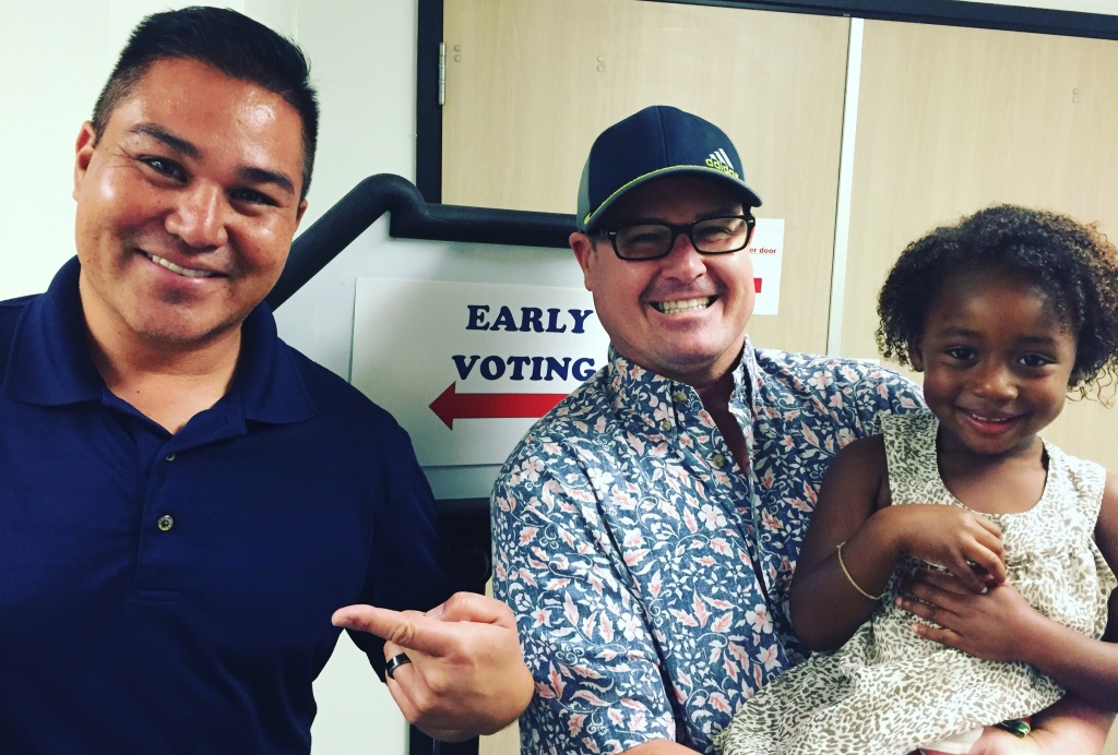 Aaron, Matthew, and Lilly Borja of Long Beach, after early voting in Norwalk on Tuesday, Oct. 11, 2016. Aaron, Matthew, and Lilly Borja of Long Beach, after early voting in Norwalk on Tuesday, Oct. 11, 2016.