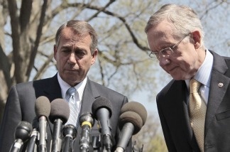 House Speaker John Boehner, left, and Senate Majority Leader Harry Reid meet with reporters outside the White House on April 7, 2011, after their meeting with President Obama regarding the budget and possible government shutdown.