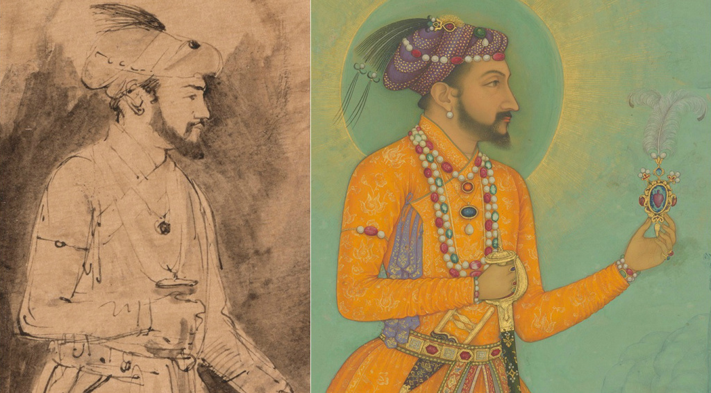 Left: Shah Jahan (detail), about 1656–61, Rembrandt Harmensz. van Rijn. Right: Jujhar Singh Bundela Kneels in Submission to Shah Jahan (folio from Minto Album; detail), 1630–40, Bichitr.