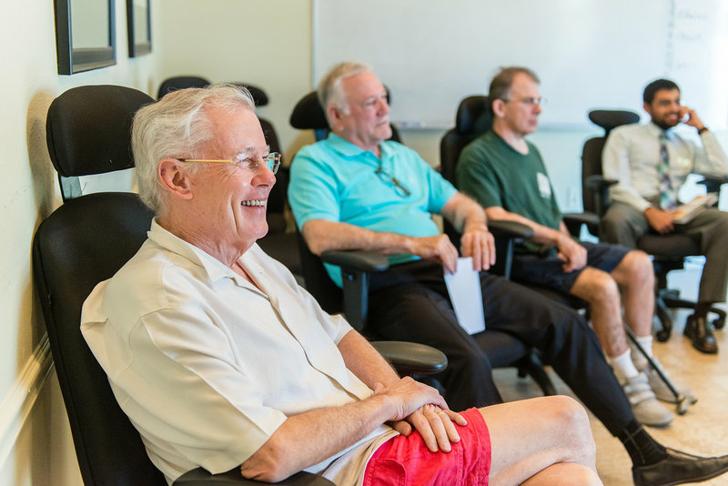 John Evard, (left) participated in group therapy during his stay at the rehab center. He'd been prescribed increasing dosages of opioids to manage his pain, Evard says, but it hadn't worked, and he was unable to quit the pills on his own. John Evard, (left) participated in group therapy during his stay at the rehab center. He'd been prescribed increasing dosages of opioids to manage his pain, Evard says, but it hadn't worked, and he was unable to quit the pills on his own.