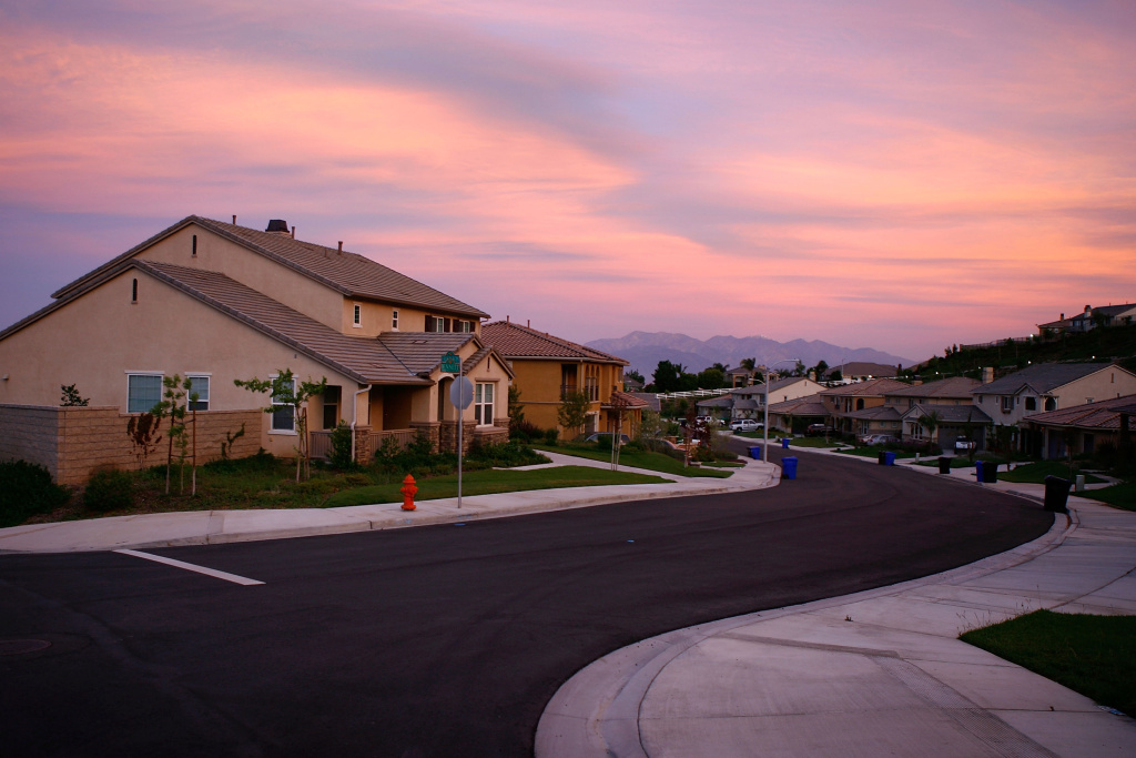 Recently built homes are seen in suburban neighborhoods under in the community of Highland, east of San Bernardino, California.