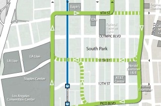 A portion of the route for the proposed streetcar system in downtown Los Angeles.