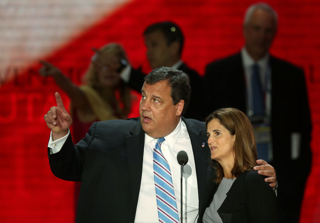 2012 Republican National Convention: Day 2 New Jersey Gov. Chris Christie, who will give the keynote address and his wife Mary Pat Christie stand on stage for a soundcheck during the Republican National Convention at the Tampa Bay Times Forum on August 28, 2012 in Tampa, Florida. Today is the first full session of the RNC after the start was delayed due to Tropical Storm Isaac. (