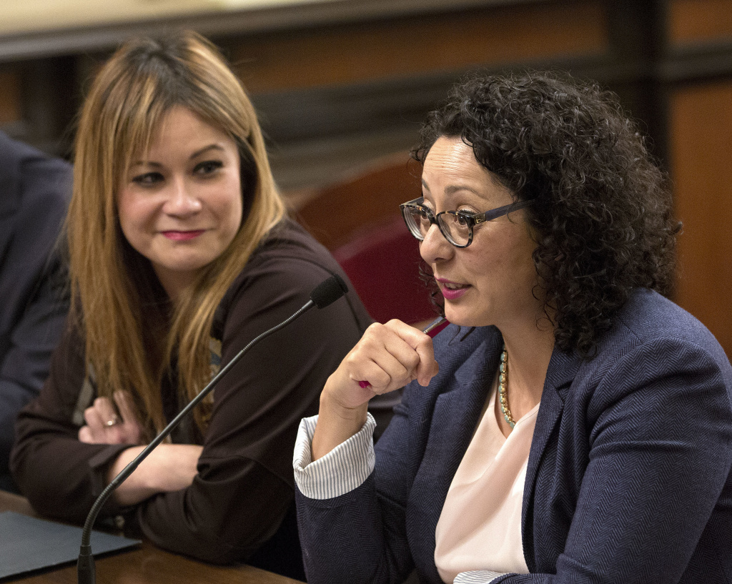 Tampon Tax Assemblywoman Cristina Garcia, D-Bell Gardens, right, urges lawmakers to approve her measure to exempt tampons and other feminine hygiene products from sales tax as co-author Assemblywoman Ling Ling Chang, R-Diamond Bar, looks on, in this June 22, 2016, photo in Sacramento. The bill, AB1561, was vetoed by Gov. Jerry Brown.