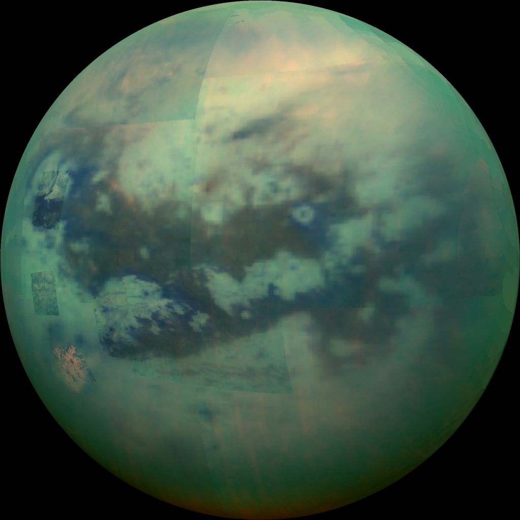 An infrared view of Saturn's moon Titan taken by Cassini on November 13, 2015. An infrared view of Saturn's moon Titan taken by Cassini on November 13, 2015.