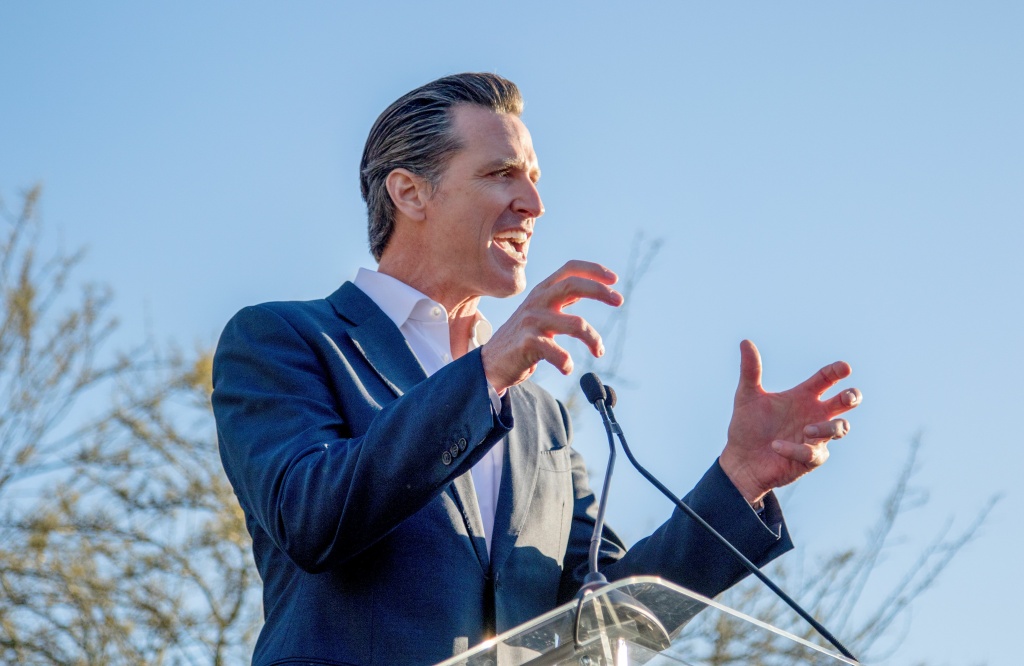 Gavin Newsom speaks at the United Voices Rally outside the United Talent Agency Friday, February 24, 2017 in Beverly Hills, California. California Lt. Governor, Gavin Newsom speaks at the United Voices Rally outside the United Talent Agency Friday, February 24, 2017 in Beverly Hills, California.