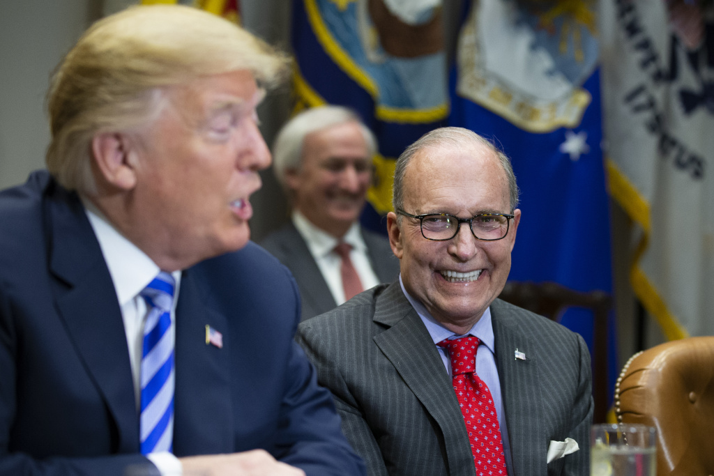 President Trump Meets Automotive Industry CEO's At The White House Director of the National Economic Council, Larry Kudlow, smiles as United States President Donald J. Trump speaks with reporters during a meeting with automotive industries executives in the White House on May 11, 2018.