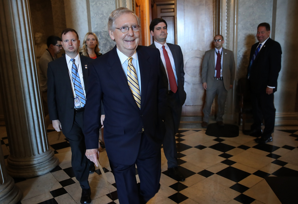 Mitch McConnell Works To Muster Votes To Proceed With GOP Health Care Bill Senate Majority Leader Mitch McConnell (R-KY) walks to a meeting in the U.S. Capitol July 25, 2017 in Washington, DC.