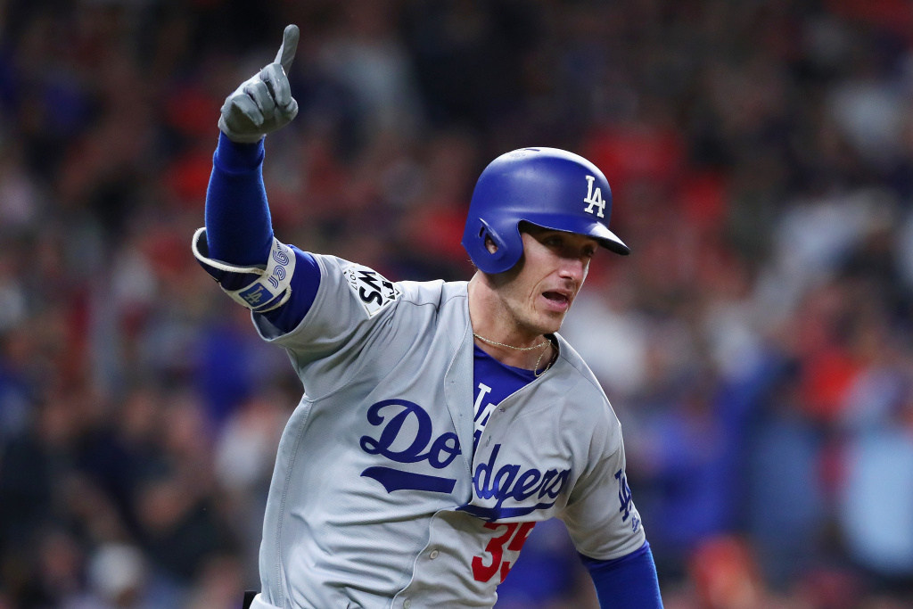 World Series - Los Angeles Dodgers v Houston Astros - Game Four Cody Bellinger of the Los Angeles Dodgers reacts as he hits a RBI double during the ninth inning against the Houston Astros in game four of the 2017 World Series.