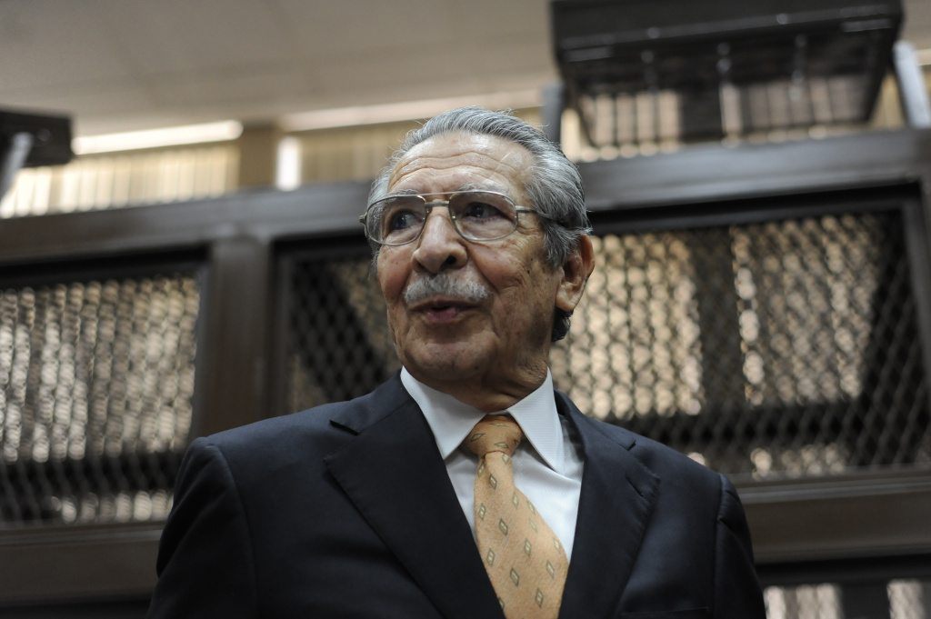 GUATEMALA-JUSTICE-HUMAN RIGTHS-RIOS MONTT Former Guatemalan de facto President (1982-1983) and retired General Jose Efrain Rios Montt sits during a court hearing in Guatemala City on January 31, 2013. A Guatemalan judge started the hearing to receive evidence for the open trial to Rios Montt on charges of genocide committed in indigenous populations during his de facto regime between 1982 and 1983.
