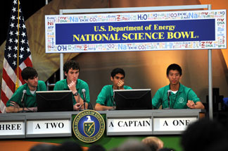File photo: The Champions: (L-R) Bryce taylor, Christian johnson, Akhil jariwala and Patrick yang from Green High school in North Carolina listen to a question during the Energy Department's 20th Annual National Science Bowl on May 3, 2010 at the National Building in Washington, DC.