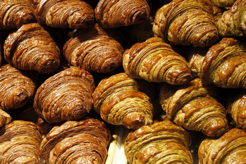 Croissants with chocolate are displayed Croissants with chocolate at a stand at the 17th Salon du Chocolat on October 20, 2011 in Paris.