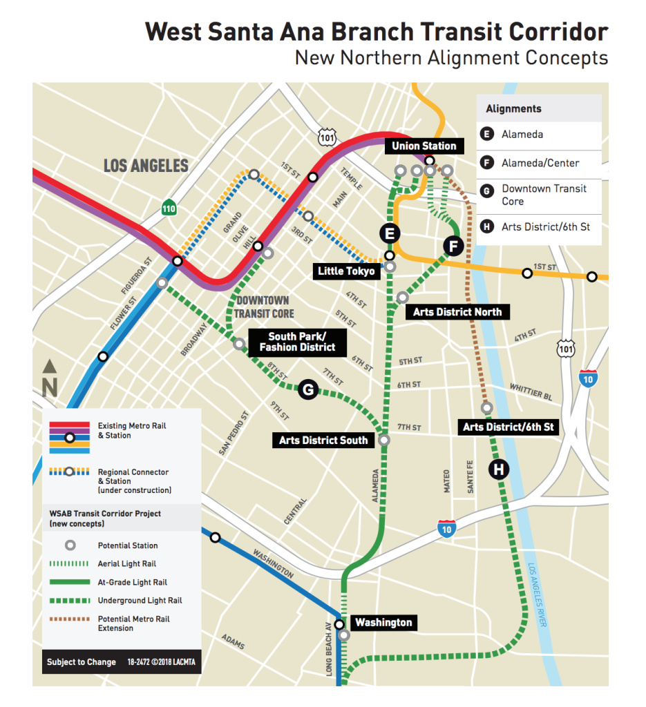 West Santa Ana Branch Metro proposed four additional route options for the downtown section of the West Santa Ana Branch light rail to Artesia.