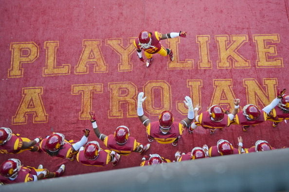 The USC Trojans enter the field before a game against the California Golden Bears at Los Angeles Memorial Coliseum on September 22, 2012 in Los Angeles, California. USC won 27-9.
