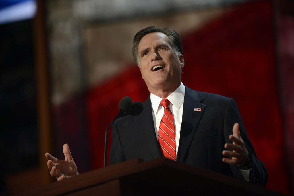 US-VOTE-2012-REPUBLICAN CONVENTION Mitt Romney speaks during the final day of the 2012 Republican National Convention at the Tampa Bay Times Forum August 29, 2012 in Tampa, Florida. Romney accepted the Republican nomination to run as the party's 2012 US Presidential candidate against US President Barack Obama.