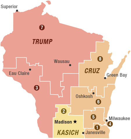 Wisconsin GOP Political Geography Wisconsin GOP Political Geography: By congressional district, Donald Trump is expected to be strongest in the western half of the state; Ted Cruz, the eastern half; and John Kasich, around the state capital.