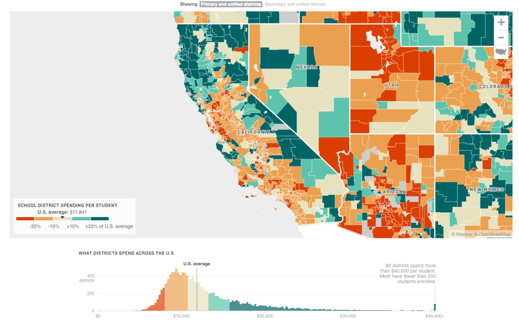 Education spending by district An interactive graphic from NPR allows you to see the district-by-district spending per student in California and across the nation.