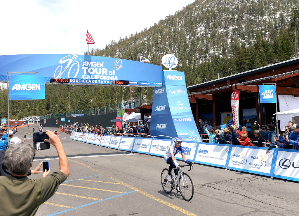 Amgen Tour of California - Women's Race Stage 1 Katie Hall riding for UnitedHealthcare Pro Cycling crosses the finish line to win stage one of the 2015 Amgen Tour of California women's race at the Heavenly Mountain Resort on May 8, 2015 in South Lake Tahoe, California.