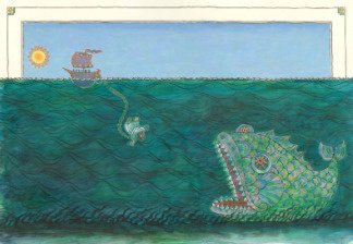 Mercer 8210 Illustration for “‘I will run away,’ thought Jonah, ‘to where God cannot find me,’” by Mordicai Gerstein, from Mordicai Gerstein, Jonah and the Two Great Fish (Simon & Schuster Books for Young Readers, 1997). Courtesy of The Richard Michelson Galleries