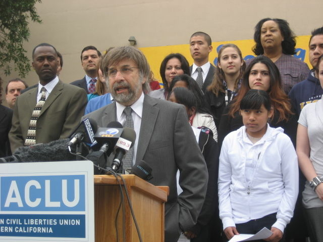 ACLU of Southern California lead counsel Mark Rosenbaum at Markham Middle School in Watts. He announced a lawsuit to stop L.A. Unified teacher layoffs that have disproportionately affected, the suit alleges, schools in low income neighborhoods. File photo.