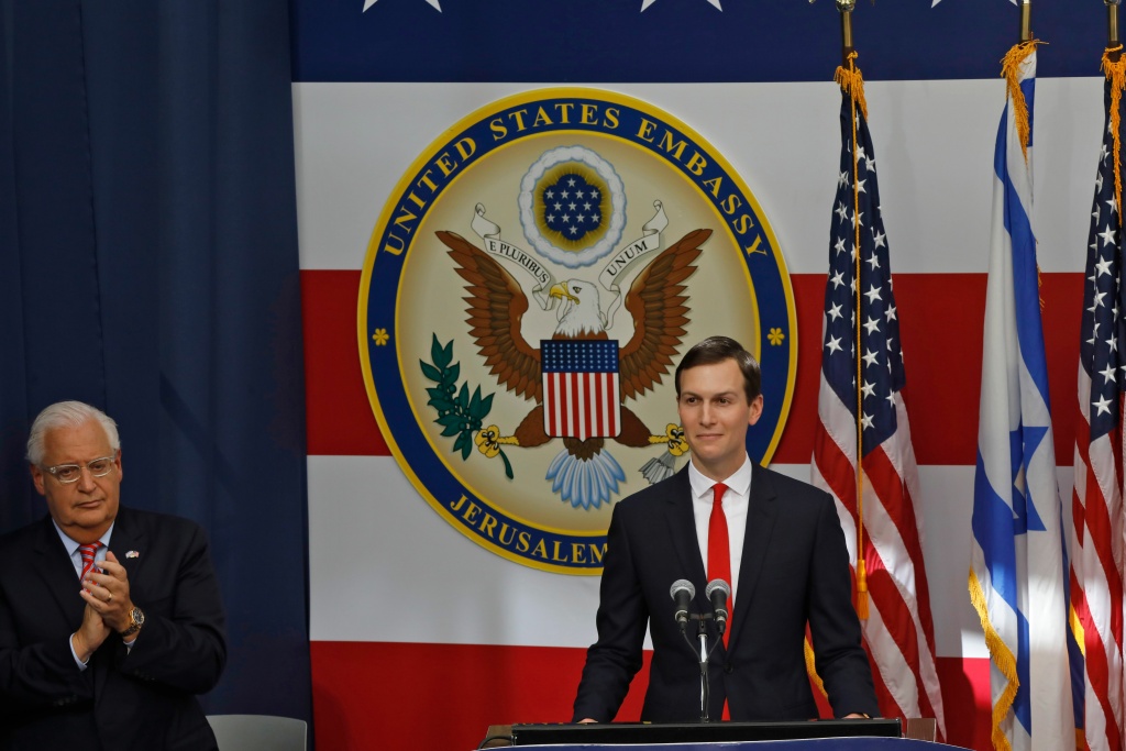US ambassador to Israel David Friedman claps as Senior White House Advisor Jared Kushner delivers a speech during the opening of the US embassy in Jerusalem on May 14, 2018. US ambassador to Israel David Friedman claps as Senior White House Advisor Jared Kushner delivers a speech during the opening of the US embassy in Jerusalem on May 14, 2018.