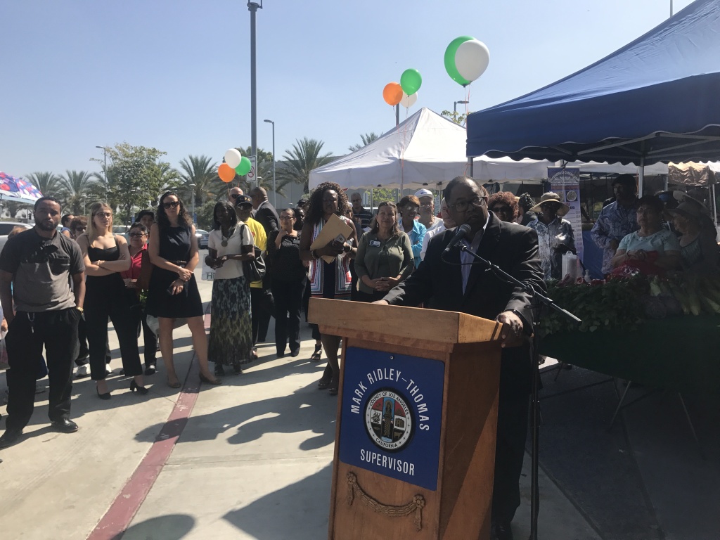 District Supervisor Mark Ridley-Thomas speaks at the opening of the farmers market. District Supervisor Mark Ridley-Thomas speaks at the opening of the farmers market.