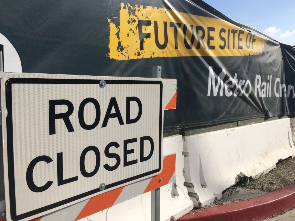 Crenshaw LAX Line A part of the road closed near the Baldwin Hills Crenshaw Plaza in January 2016. The site will be one of the stations along the Crenshaw/LAX line, scheduled to open in 2019.