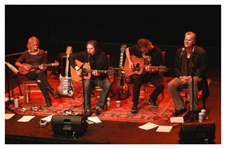 Jill Sobule on stage with, from left to right, John Doe, Dave Robbins and Tim Robbins at the Actor's Gang Theater.