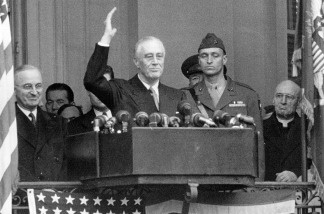 President Franklin D. Roosevelt gives his fourth Inaugural speech January 20, 1945 outside the south portico of the White House in Washington D.C.