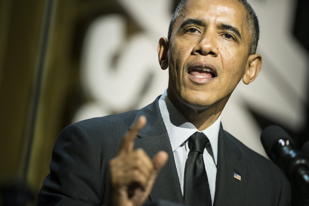 US-POLITICS-OBAMA US President Barack Obama speaks during the University of Southern California Shoah Foundation Ambassadors for Humanity 20th anniversary dinner May 7, 2014 in Los Angeles, California. Obama attended the dinner while spending three days in California fund raising.
