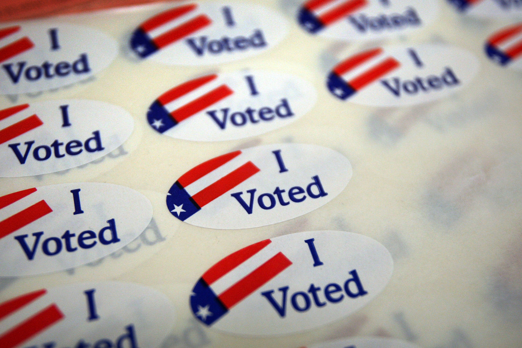 PASADENA, CA: A sheet of voter stickers is seen inside Fire Station 38, as people go to the polls.