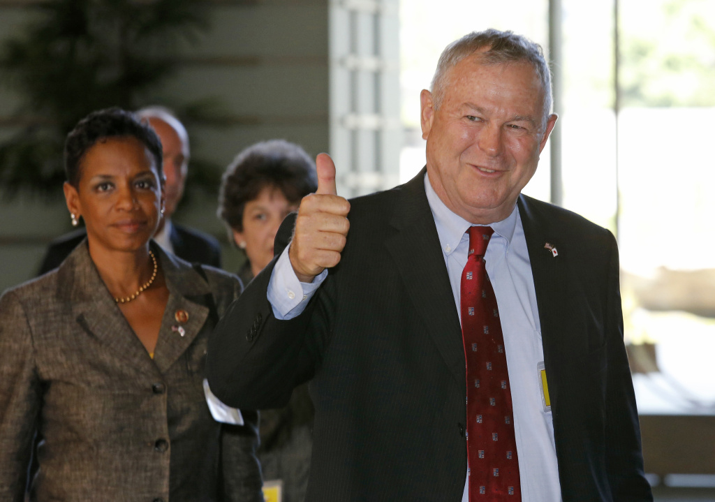 JAPAN-US-DIPLOMACY US Representative Dana Rohrabacher (R), (R-Calif.), gives a thumbs-up as his US congressional delegation arrives at the prime minister's official residence to meet Japan's Prime Minister Shinzo Abe in Tokyo on September 2, 2013.