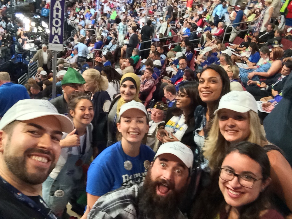 Alex Calleros (L), a delegate from California's 28th District, poses for a selfie with fellow Bernie Sanders supporters. Alex Calleros (L), a delegate from California's 28th District, poses for a selfie with fellow Bernie Sanders supporters.
