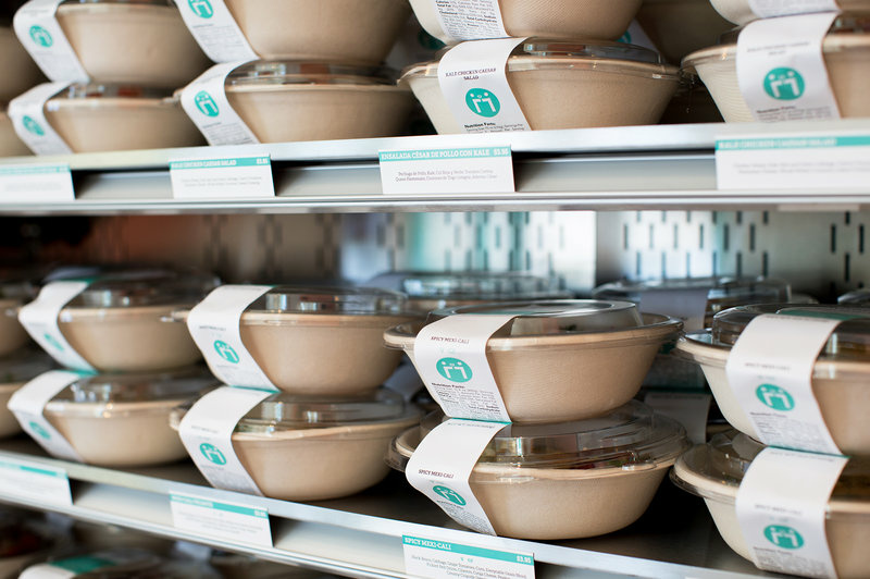 Everytable containers Everytable's meals are prepared in a central kitchen, then packaged in to-go containers. Customers can heat them and eat them at the restaurant or take them home for later.