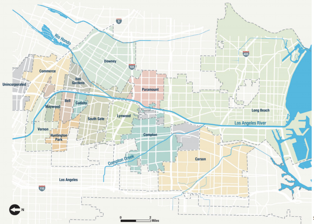 Map of the lower L.A. River Map shows the lower L.A. River zone which expands a mile on either side of the river from Vernon to Long Beach.