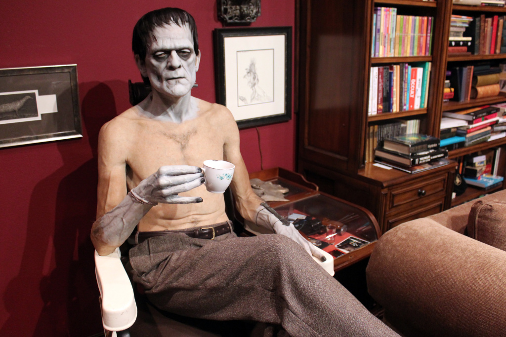 Bleak House Frankenstein A life-size Frankenstein sitting on a barber's chair.